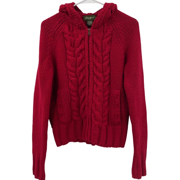Eddie Bauer Sweaters - Vtg Eddie Bauer Women's Red Cable Knit Wool Blend Hooded Full Zip Sweater Size S